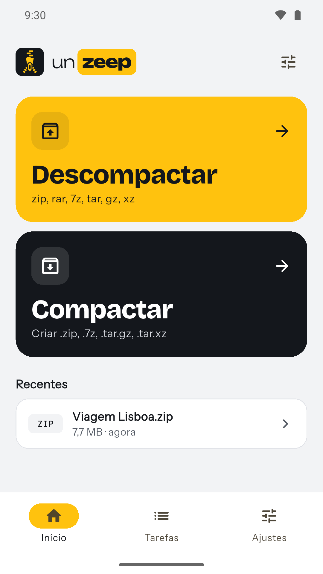 Tela inicial do Unzeep com as opções Descompactar e Compactar