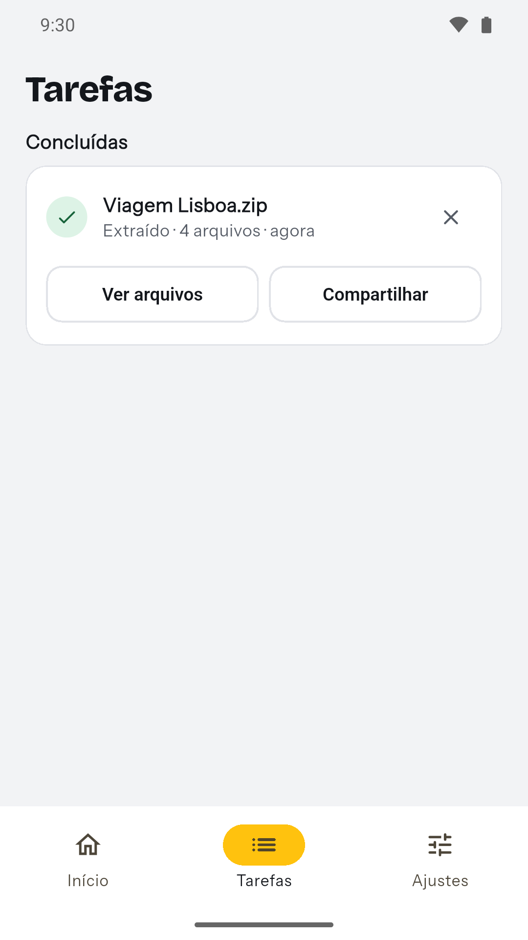 Tela de tarefas mostrando uma extração concluída