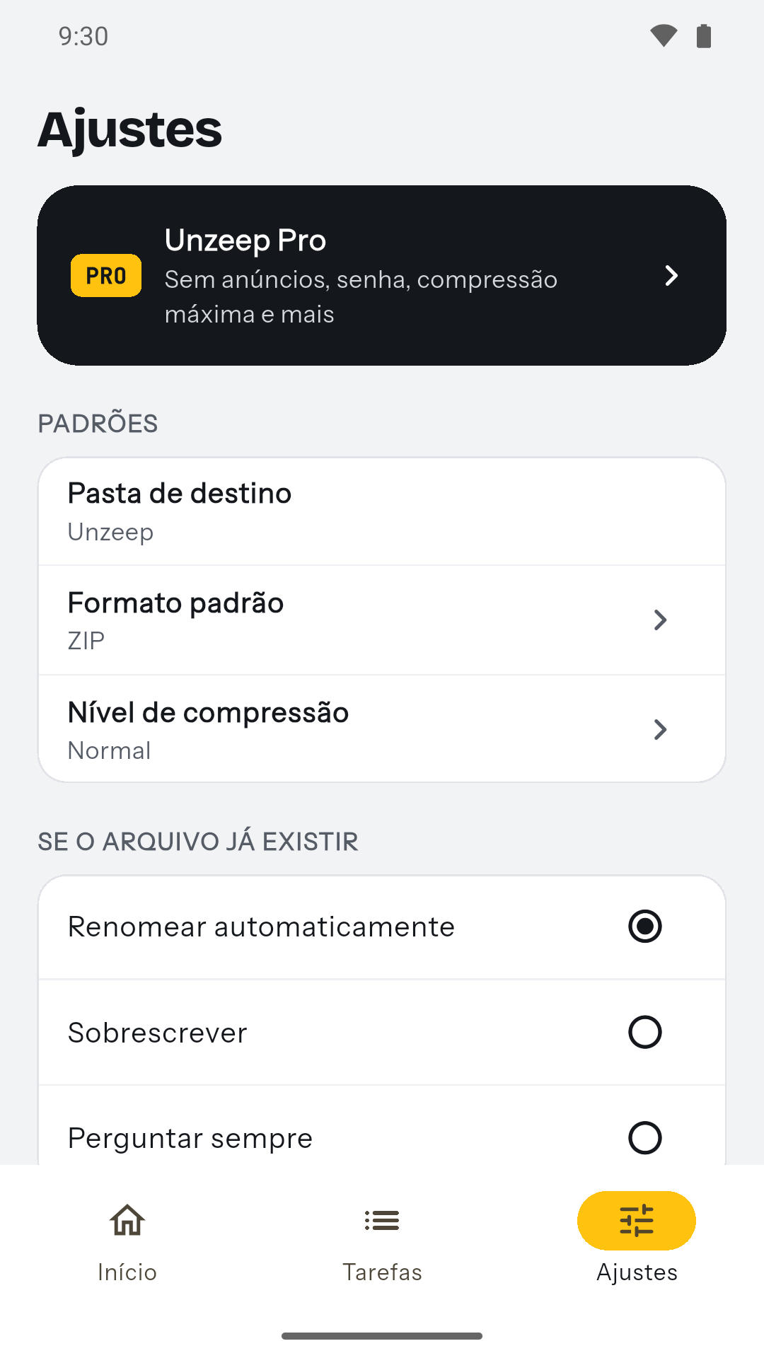 Tela de ajustes com pasta de destino, formato padrão e Unzeep Pro