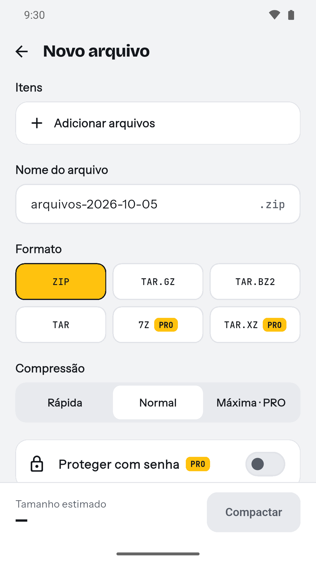 Tela de criação de novo arquivo compactado com escolha de formato