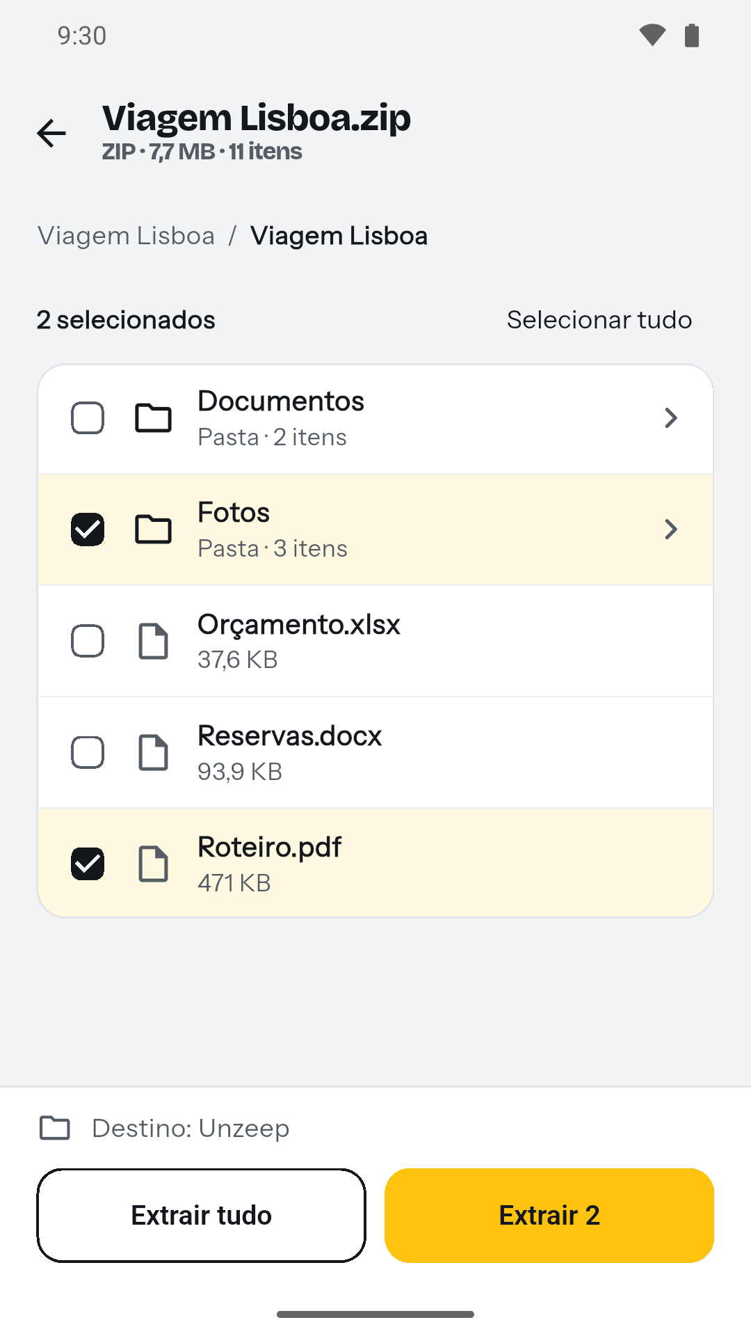 Visualizador do conteúdo de um ZIP com seleção de itens para extrair